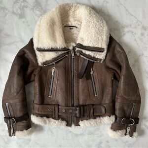 Brown Shearling-Lined Aviator Jacket with Cream Collar